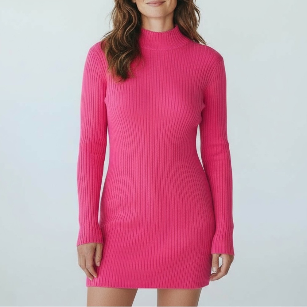 RTA Brielle Dress fitted ribbed silk‎ knit long sleeve mini dress pink size XXS
